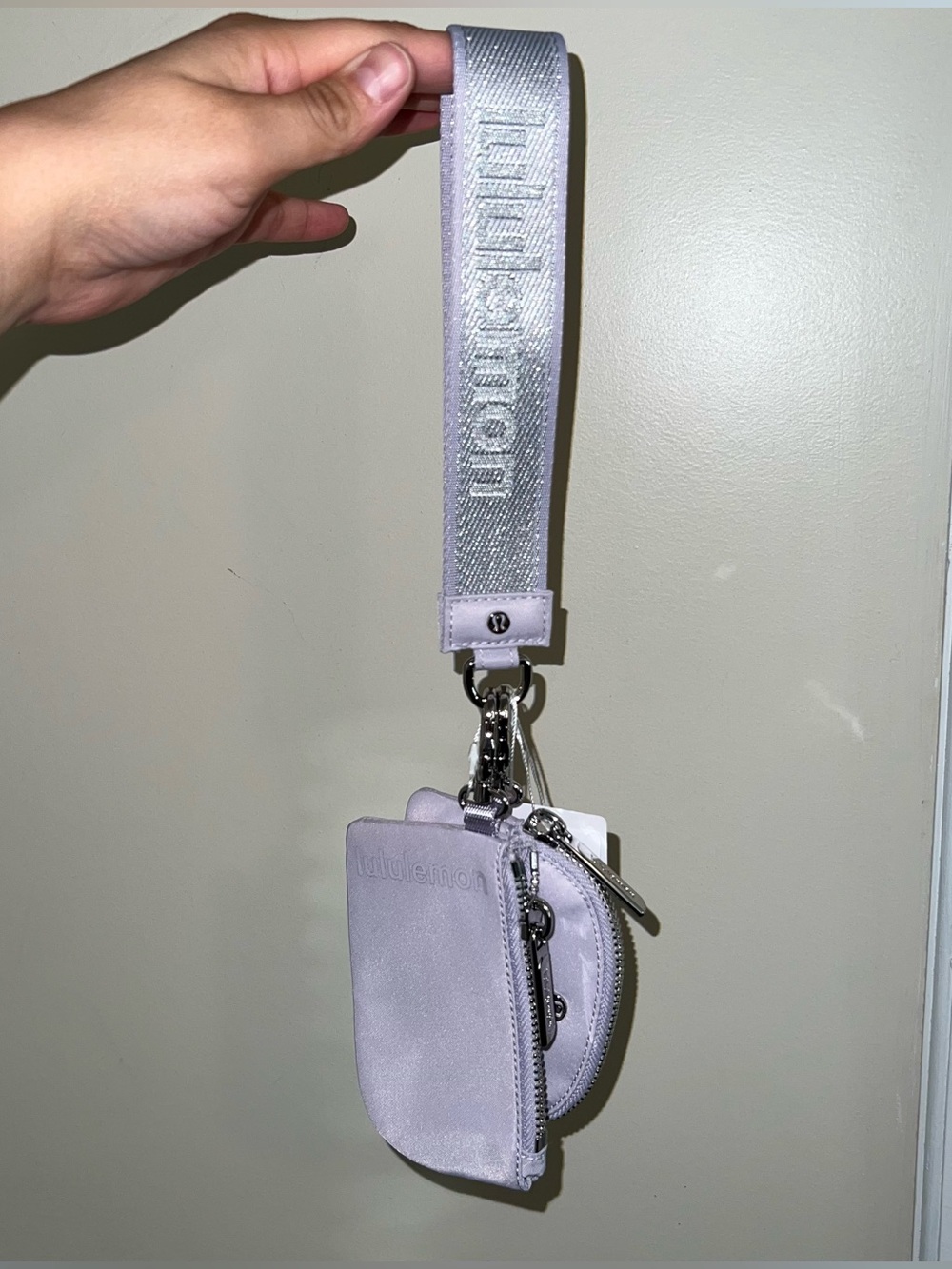 NWT Lululemon Dual Pouch Wristlet Metallic Lavender Wordmark